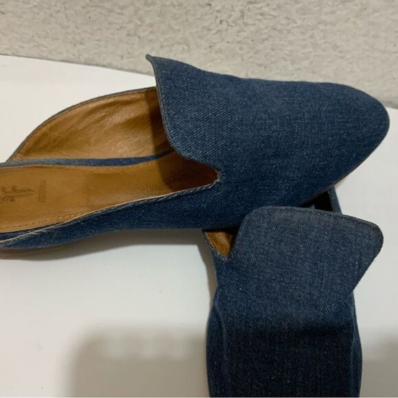FRYE Gwen Denim Flat Mule Indigo Size 6.5 M Padded Footbed Slide Round Toe - Picture 3 of 6